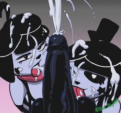 1boy 2girls bonbon_(derpixon) chuchu_(derpixon) collaborative_fellatio cum fellatio female mae_magritte_(artist) mime mime_and_dash mime_girl multiple_girls oral penis tagme teamwork