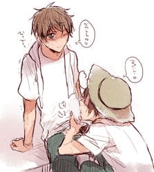 antonio_fernandez_carriedo axis_powers_hetalia blowjob brown_hair censored censored_penis clothed_sex fellatio green_eyes hat japanese_text lovino_vargas male_only romano_(hetalia) spain_(hetalia) sweat yaoi