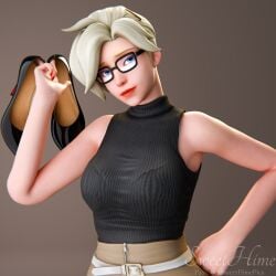 sweethime 3d overwatch mercy office_lady office_clothing sleeveless sleeveless_shirt high_heels holding_heels holding_footwear simple_background skirt belt hand_on_hip blonde_hair glasses blue_eyes lipstick looking_at_viewer smile smiling smiling_at_viewer hairclip sleeveless_sweater