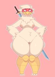 absurd_res anthro areola avian bird blindfold breasts chicken chicken_(nuclear_throne) claws conditional_dnp female fluffy galliform gallus_(genus) genitals hands_on_hips hi_res huge_thighs inkplasm katana melee_weapon nipples no_pupils nuclear_throne phasianid plump_labia pussy solo sword thick_thighs tongue tongue_out weapon welwraith wide_hips