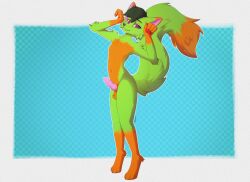 4_fingers 4_toes absurd_res animal_genitalia animal_penis ankle_tuft anthro arm_tuft black_hair blue_background border canid canine canine_genitalia canine_penis cheek_tuft claws digital_media_(artwork) digitigrade elbow_tuft erection facial_tuft feet femboy feminine_pose fern_the_fox film_grain finger_claws fingers fox fur genitals gloves_(marking) green_body green_fur grey_claws grey_nose hair happy hi_res knot knotted_penis leg_markings leg_tuft looking_at_viewer male mammal markings multicolored_body navel novav33 nude orange_body orange_fur pawpads penis pink_penis raised_arms raised_tail red_pawpads shaded shoulder_tuft signature simple_background smile socks_(marking) solo tail tail_tuft teeth toe_claws toes tuft white_border