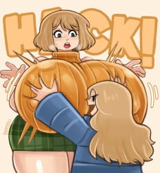 2girls ashley_graham blonde_hair capcom diana_(pragmata) english_text female female_only funny gigantic_breasts grabbing_breasts green_eyes height_difference huge_breasts hyper_breasts large_breasts long_hair massive_breasts nipple_bulge pragmata pummies resident_evil resident_evil_4 simple_background text thick_thighs turtleneck