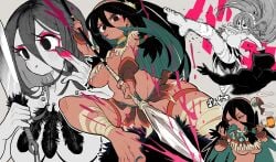 uejini gashi-gashi original original_character tagme native tan_body black_hair long_hair viewed_from_below blush tied_hair breasts underboob topwear skirt wide_hips thick_thighs fit fit_female pubic_hair barefoot wraps necklace necklace_only body_paint holding_object smoking text fighting slim_waist
