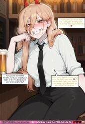 ai_generated comic comics comic_strip power_(chainsaw_man) chainsaw_man text blonde_hair long_hair red_horns horns orange_eyes sharp_teeth fangs drunk blush embarrassed smile seductive_smile white_shirt black_necktie necktie formal_wear office_lady business_attire black_pants pants large_breasts cleavage sitting bar counter barstool beer mug glass alcohol drinking drunk_female wasted female_pov male_pov debt payment sexual_offer oral_offer titfuck_offer paizuri_offer pussy_offer public bathroom sex offer bathroom_sex drunk_sex drunk_girl meowllete