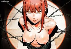 rsweet ai_generated chainsaw_man makima_(chainsaw_man) chains top_view viewed_from_above shirtless shirtless_female breasts boobs big_breasts big_boobs nipples red_hair long_hair office_lady office_clothing solo solo_focus solo_female spotlight sexy 1girls 1girl