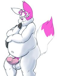 1boy 2019 anthro balls belly bravo erection eyewear fur genitals glasses hi_res male male_focus male_only male_solo navel nintendo overweight overweight_male penis pink_body pokémon_(species) pokemon pokemon_(species) simple_background solo solo_male video_games white_background white_body white_fur zangoose