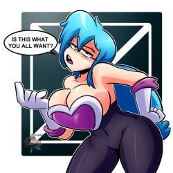 big_breasts blue_hair bodysuit clothed_female corythec juniper_(corythec) looking_at_viewer neckline rouge_the_bat_(cosplay) spandex_suit voluptuous_female