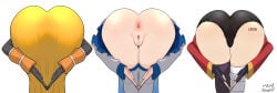 3girls absurdres amen_pose_(meme) anus aqua_(konosuba) ass ass_focus asymmetrical_legwear barcode barcode_tattoo black_gloves black_panties cleft_of_venus commentary covered_kneepits darkness_(konosuba) dress female_thick_thighs fingerless_gloves gloves highres kono_subarashii_sekai_ni_shukufuku_wo! long_dress maho_malice megumin meme multiple_girls no_panties panties praise_da_booty_(meme) pussy tattoo thighhighs uncensored underwear untranslatable_commentary white_thighhighs yellow_dress