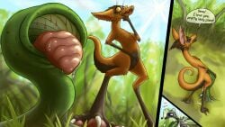 16:9 ambiguous_gender anthro arthropod badday_(artist) bodily_fluids claws comic cum cum_covered curling_toes cutaway dialogue drooling duo elemental_creature english_text eyes_closed feet flora_fauna fur genital_fluids glistening grabbing_head hi_res insect looking_down looking_down_at_another low-angle_view male mammal messy oral oral_penetration orange_body orange_fur orgasm out-of-placers outside pawpads penetration plant pupils saliva sharp_teeth slit_pupils teeth text tongue tongue_out widescreen yinglet
