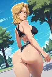 1girls ai_generated ass ass_focus blacked_clothing blonde_hair blue_eyes curvy curvy_figure fit fit_female invisible_woman invisible_woman_(marvel_rivals) looking_at_viewer looking_back marvel marvel_comics marvel_rivals outdoors slim_waist smile sue_storm sweat thick_thighs underwear wet wet_skin
