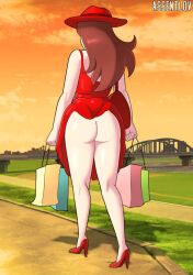 1girls 2026 2d 2d_(artwork) alternate_version_available artist_name ass assentlov back_view bare_butt bride brown_hair butt edit female female_only high_heels mario_(series) no_panties no_sex pale_skin pauline red_dress sleeveless solo solo_female urban walking