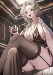 1girls mrs._miss_(nikke) goddess_of_victory:_nikke mature mature_female white_hair hair long_hair black_eyes armwear bracelet necklace neckwear jewelry huge_breasts big_breasts breasts cleavage mole mole_on_breast black_dress dress clothing ear_piercing solo solo_female female female_only ruberule mole_under_mouth nails nail_polish holding_object holding_drink drink legs_crossed crossed_legs lace lace_trim lace-trimmed_thighhighs black_thighhighs legwear alternate_version_available