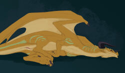 animal_genitalia brown_body claws cloaca countershade_torso countershading dragon european_mythology female feral finger_claws flamespitter genitals green_background horn long_neck lying membrane_(anatomy) membranous_wings mythological_creature mythological_scalie mythology on_side red_eyes scalie shadow simple_background snout solo tail thick_tail toe_claws western_dragon wing_claws wings