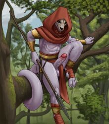 abs anthro balls clothed clothing detailed_background digital_media_(artwork) erection forest forest_background genital_piercing genitals hi_res holding_object holding_weapon humanoid_genitalia humanoid_penis hunter hunting lizard looking_at_viewer male melee_weapon muscular muscular_anthro muscular_male nature nature_background nude outside penis penis_piercing piercing plant polearm reptile scalie solo spear tail tall_lizzard tree weapon