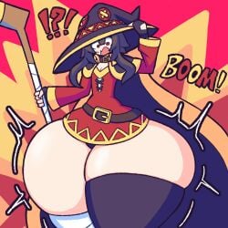 1girls bottom_heavy brown_hair clothed female female_only flat_chest gensin hyper hyper_hips hyper_thighs kono_subarashii_sekai_ni_shukufuku_wo! megumin red_eyes shocked shocked_expression slim_waist small_breasts thick_thighs thigh_expansion thighhighs thighs wide_hips wide_thighs