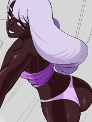 1girls ass dark-skinned_female dark_skin horns69y jacinthe_(pokemon) leaning_forward light_purple_hair long_hair nintendo panties pink_eyes pokemon pokemon_legends:_z-a tanktop viewed_from_above yukari_(pokemon)