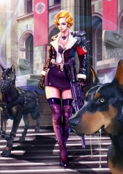 tagme tagme_(artist) history ww2 1940s pinup pinup_(style) pinup_girl solo solo_female 1girls female female_only female_focus world_war_2 german german_female nazi nazi_uniform nazi_armband nazi_germany nazi_imagery nazi_flag blonde blonde_hair blonde_female blonde-haired_female brown_eyes iron_cross bomber_jacket cleavage cleavage_focus tits breasts necklace swastika swastika_armband censored clothed stockings miniskirt gun dogs dog canine germany thighs exposed_thighs gloves