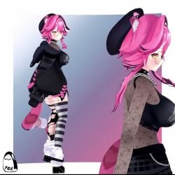 3d animal_ears animated black_jacket chattino_(raora_panthera) expressionless fan_mascot_(vtuber) fishnets full_body glasses goth_girl hololive hololive_english hololive_english_-justice- large_breasts navel pink_hair raora_gothera raora_panthera see-through_clothing short_hair sidelocks spiked_collar tagme video virtual_youtuber yellow_eyes