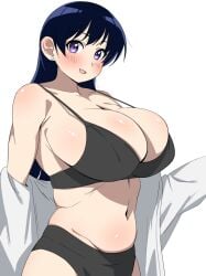 1girl arato_nagi black_bra black_panties blush bra breasts commentary_request curvy highres huge_breasts imiin long_hair looking_at_viewer navel open_clothes open_mouth open_shirt panties ruri_no_houseki shirt simple_background solo stomach underwear white_background white_shirt