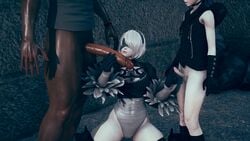 1girls 3d big_penis ccsshot cuckold dark-skinned_male dark_skin double_handjob handjob huge_cock humiliation interracial netorare nier:_automata ntr outdoors queen_of_spades size_comparison size_difference size_queen small_penis small_penis_humiliation smaller_male yorha_2b yorha_9s