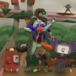 1:1 angry anthro background_character breasts canid canine cybernetics deathclaw detailed_background dr_octopotomai duo erection fallout female fox gun held_up herm hi_res horn intersex intersex/female legs_in_air machine mammal mask microsoft ranged_weapon scalie size_difference weapon