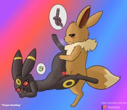 2021 animal_genitalia animal_penis balls blush canine_penis digital_media_(artwork) duo eevee eeveelution egg erection eye_contact female feral genitals hi_res impregnation knot knotting leg_glider_position looking_at_another male male/female naughty_face nintendo penetration penis pokémon_(species) pokemon raised_leg sex sheath standing toony tsoup umbreon vaginal_penetration vaginal_penetration video_games