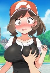 elaine_(pokemon) pokemon ai_generated 1girl clothing female grabbing_another's_breast hetero 1boy brown_eyes brown_hair grabbing hat blush breasts large_breasts outdoors open_mouth breast_grab sky headwear day shirt alternate_breast_size short_sleeves collarbone baseball_cap looking_at_viewer solo_focus cloud groping surprised wavy_mouth tree upper_body red_headwear blue_sky wide-eyed eyelashes bag black_shirt pov_hands medium_hair short_hair backpack embarrassed