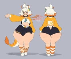 1boy antennae_(anatomy) ass belt big_ass bottom_heavy bottom_heavy_femboy bubble_butt bulge character_sheet clothing crop_top cropped_jacket ebi_(taigerarts) fat_ass femboy front_view huge_ass jacket large_ass leg_warmers looking_at_viewer male male_only massive_ass orange_highlights original rear_view reference_sheet shoes shorts shrimp shrimp_tail smile solo taigerarts tail text thick_ass thick_thighs thunder_thighs voluptuous voluptuous_femboy white_hair wide_hips