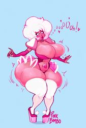 1girls afro big_hair big_lips bimbo bursting_breasts cleavage detached_sleeves diamond_(gem) diamond_authority gem_(species) heart-shaped_pupils huge_breasts implied_transformation inflation lips med miniskirt pbimb0 pink_diamond_(steven_universe) pink_skin platform_footwear platform_heels puckered_lips puffy_sleeves solo steven_universe thick_thighs transformation wide_hips