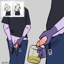1:1 2026 absurd_res anthro belt black_clothing black_shirt black_topwear blonde_hair bodily_fluids borealhao bottomwear clothed clothing container cup denim denim_bottomwear denim_clothing digital_media_(artwork) domestic_ferret fur genital_fluids genitals glass hair hi_res holding_object jeans lamapola looking_around mammal medium_hair multicolored_body multicolored_fur mustelid musteline nonbinary_(lore) pants peeing penis purple_body purple_fur shirt simple_background solo topwear true_musteline urine vinea_(lamapola) watersports weasel white_body white_fur