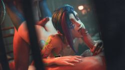 1girls 2boys 3d 3d_(artwork) arcane arcane_jinx ass blender blender_(artwork) blender_(software) blender_cycles butt fit fit_female jinx_(league_of_legends) kenjjoo league_of_legends licking licking_penis looking_at_another looking_at_partner looking_pleasured naked naked_female naked_male riot_games self_upload stockings stockings_thigh_highs sucking sucking_penis sweat sweating sweaty sweaty_body thighs threesome veiny veiny_penis wet wet_body wet_skin
