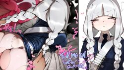 1boy 1girl absurdres all_fours ass belt black_eyes black_gloves black_jacket blush braid breasts collared_shirt commentary cum cum_in_pussy deko_morii doggystyle ejaculation english_commentary fate/grand_order fate/strange_fake fate_(series) francesca_prelati_(fate) francesca_prelati_(second_ascension)_(fate) gloves hetero highres jacket long_hair long_sleeves looking_at_viewer multiple_views pantyhose penis pussy ringed_eyes sex sex_from_behind shirt small_breasts thighs twin_braids uncensored vaginal white_hair white_pantyhose white_shirt