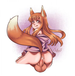 animal_ears anus ass bodily_fluids brown_hair clothed_sex clothing cum cum_in_pussy cum_inside cute_expression cute_face ears_up ejaculation female genital_fluids genitals highres holo humanoid impregnation long_ears long_hair long_tail looking_at_viewer looking_back looking_pleasured male mammal nude penis penis_in_pussy pink_body pink_skin presenting presenting_hindquarters pussy pussy_juice red_eyes smile snorly solo spice_and_wolf straight thick_thighs thighhighs tights tongue tongue_out vaginal_penetration white_tuft wolf_ears