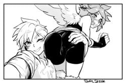 2boys angel ass ass_grab big_ass blush crossover curvaceous femboy gay groping high_resolution huge_ass kid_icarus kid_icarus_uprising link looking_at_viewer looking_back male male_only monochrome multiple_boys nintendo pit_(kid_icarus) self_shot selfie smile soft_sizzle the_legend_of_zelda thighs wings