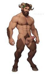 1boy 2d ai_assisted ai_generated balls bara beard body_hair erection facial_hair full_body hairy hooves horns human hylas_(thumosx) laurel_wreath male male_focus male_only male_pubic_hair muscular muscular_male penis satyr solo thumosx