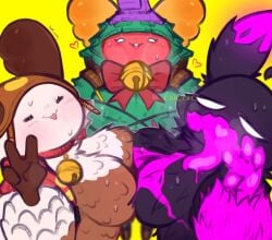 guff_(fortnite) fortnite tagme lok_cat red_fur creature costume christmas christmas_outfit christmas_tree heart looking_at_viewer white_eyes smile white_fur brown_fur breasts touching_breast peace_sign choker bell 3girls headgear black_fur glowing sweat sweatdrop sweating tongue tongue_out