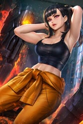 1girls abs action_pose armpits arms_up bangs bare_shoulders big_breasts black_hair bra bra_visible_through_clothes breasts cleavage clothed clothing enen_no_shouboutai female female_focus female_only fire fire_force fit fit_female hands_behind_head hips long_hair looking_at_viewer muscular muscular_female neoartcore oze_maki pants ponytail purple_eyes shirt solo solo_female solo_focus tank_top toned toned_female wide_hips
