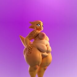 3d 3d_(artwork) alphys alternate_version_at_source areola blender_(artwork) blender_cycles_(artwork) breasts cross-eyed digital_media_(artwork) female genitals hands_on_hips hi_res lizard looking_at_viewer low-angle_view markings mementomoriye nipples overweight plump_labia reptile scalie solo spots spotted_markings tail thick_thighs undertale undertale_(series) vulva worm's-eye_view yellow_body.