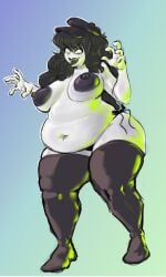 backlighting black_hair black_lipstick chubby_female creepette_holloway dark_areola deep_navel general_proton gradient_background green_lighting hat long_hair looking_at_viewer overweight sharp_teeth side_tie_panties thick_thighs thighhighs white_eyes