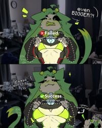 alien alien_girl annie(ronfos) annoyed antennae_(anatomy) bell bikini_top black_sclera blush breast_expansion breasts fangs fosterron87 green_hair green_skin hoodie hoodie_lift large_breasts lewd_security_verification original original_character ronfos smile smug speech_bubble tagme tail text trend white_eyes