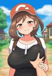 elaine_(pokemon) pokemon ai_generated 1girl clothing female guided_breast_grab guiding_hand grabbing grabbing_another's_breast hetero 1boy brown_eyes brown_hair breasts hat outdoors blush headwear smile baseball_cap day looking_at_viewer large_breasts sky pov_hands cloud solo_focus shirt short_sleeves collarbone red_headwear blue_sky house tree upper_body closed_mouth bag half-closed_eyes short_hair