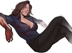 1girls black_pants blood blood_on_body blood_on_clothing blood_on_face blood_on_hand blood_on_shirt blood_stain brown_eyes brown_hair cleavage clothed clothed_female clothing female female_focus female_only genderswap genderswap_(mtf) johnny_cage legs legs_crossed light-skinned_female light_skin long_hair mortal_kombat mortal_kombat_1_(2023) mostly_clothed rule_63 solo solo_focus unbuttoned unbuttoned_shirt