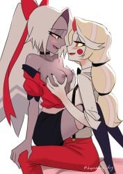 2girls bare_shoulders bow breasts charlie_morningstar charlie_morningstar_(hazbin_hotel) circle_facial_mark colored_inner_hair colored_sclera colored_skin commentary_request dopaminie_dog facial_mark grabbing_another's_breast grey_skin groping hazbin_hotel hellaverse highres medium_breasts miniskirt multi-tied_hair multicolored_hair multiple_girls nipples off_shoulder open_clothes open_shirt pants pink_sclera ponytail red_bow red_eyes red_pants skirt straddling suspenders thighhighs upright_straddle vaggie vaggie_(hazbin_hotel) yellow_eyes yellow_sclera yuri