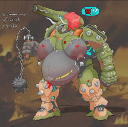 1girls 4_fingers areolar_amelanism areolar_melanosis armor armored_female artist_name atlan big_hands big_nipples blue_eyes bluesky_link blush breast_markings cacodemon_(doom) dark_sclera dated doom_(series) doom_the_dark_ages female flail furaffinity_link game_background gigantic_breasts glands_of_montgomery green_armor grey_body helmet holding_object holding_weapon horned_helmet large_areolae living_machine mecha mecha_girl morning_star navel navel_pendant navel_piercing newgrounds_link nipple_piercing no_humans nose_piercing nose_ring open_mouth piercing ponytail popped_navel pregnant pregnant_belly pregnant_female red_hair sagging_breasts shewantsthejoystick shoulder_cannon solo speech_bubble standing thick_calves thick_thighs watermark weapon