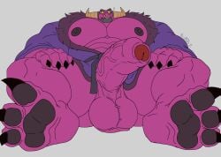 3_toes 4_fingers abs absurd_res anthro ball balls balls_on_ground belt biceps big_balls big_hands big_muscles big_penis biped bovid bovine cattle claws clothing confusion demon demon_bull_king dinosaur erection eyebrows facial_piercing feet fingers foreskin front_view fur genitals hi_res horn huge_balls huge_muscles huge_penis humanoid_genitalia humanoid_penis large_paws lego lego_monkie_kid looking_at_viewer loose_foreskin male mammal metal_jaw muscular muscular_anthro muscular_male nipples nose_piercing nose_ring nude pawpads pecs penis piercing pink_body pink_fur pose prehistoric_species pupils question_mark reptile ring_piercing robe robe_only saggy_balls saurischian scalie simple_background solo theropod toes xyandrith yellow_sclera