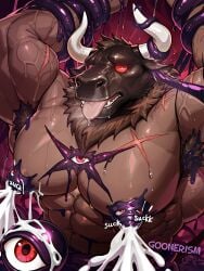ai_generated ai_art self_upload watermark goonerism patreon muscular muscular_male gay bara yaoi big_muscles 1boy solo fur furry minotaur m.u.g.e.n kuromaru_(mugen) kuromaru bull cattle bovine bovid nipple_suck sucking sucking_nipples nipple_stimulation nipple_fetish nipples tentacle slime corruption corrupted lactation male_lactation milk eyeball disembodied_eyes eyes_everywhere tentacle_pit bondage bound restrained red_eyes glowing glowing_eyes big_pecs pecs armpit_tuft tentacle_in_ear armpits arms_up slime_on_armpit horn horns tongue visible_breath english text sound_effects monster tentacle_on_male minotaur_(mugen)