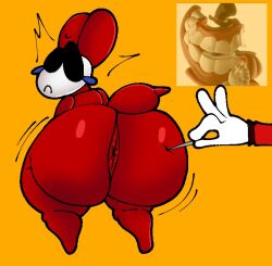 1boy 1girl animal_ears animal_tail anus anus_peek ass ass_focus ass_shine balloon balloon_animal balloon_ears big_ass big_ass_(female) big_butt big_butt_(female) black_eyes butt butt_focus caine_(tadc) caine_(the_amazing_digital_circus) female female_focus gangle_(tadc) gangle_(the_amazing_digital_circus) glitch_productions gooseworx looking_back looking_back_at_partner looking_back_at_viewer lucaslora needle nervous nervous_look red_body scared scared_expression shake_lines tadc tail teardrop_facial_mark the_amazing_digital_circus thick thick_ass thick_legs thick_thighs white_face white_mask yellow_background