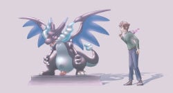 ambiguous_gender animal_genitalia black_body black_scales blue_body blue_scales bodily_fluids breath_powers charizard claws clothed clothing duo elemental_manipulation feral fire fire_breathing fire_manipulation flaming_tail frozen_expression generation_1_pokemon generation_3_pokemon generation_6_pokemon genital_slit genitals ghost heart_symbol hi_res human implied_transformation kareha_21909 latias legendary_pokemon male mammal mega_charizard mega_charizard_x mega_evolution membrane_(anatomy) membranous_wings nintendo open_mouth pedestal penis pokemon pokemon_(species) scales sculpture shadow simple_background size_difference solo spirit statue statue_transformation statuefication sweat tail wings
