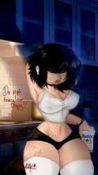 1female 1girl 1girls airpods alcohol alcoholic_drink arm_behind_head armpit beer beer_can big_breasts black_hair black_hair_female breasts choker crop_top dark_hair digital_drawing_(artwork) digital_media_(artwork) female female_only gacha gacha_club gacha_life light-skinned_female light_skin lip_piercing midriff modelo_(beer) mostly_clothed navel navel_piercing no_bra nose_piercing painted_nails solo solo_female straining_clothing tattoo tattoos thick_thighs thighhighs thighs woman xhushhush