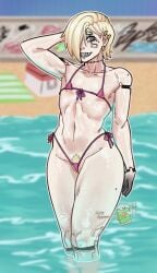 incinerated_art burnt_lewds oc original_character micro_bikini bikini bikini_top bikini_bottom small_breasts flat_chest flat_chested pink_bikini pink_bikini_top pink_bikini_bottom pubic_hair cybernetics beauty_mark noel_(incinerated_art) armpit thick_thighs thick thick_legs thick_hips curvy curvy_figure curvaceous curvy_female curvy_body curvy_hips curvaceous_figure curvaceous_female blonde_hair blonde_female blonde blonde-haired_female blonde_hair_female sharp_teeth bangs_over_one_eye one_eye_obstructed one_eye_covered beach beach_background